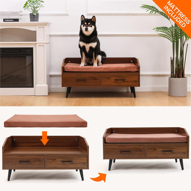 Elevated Dog Beds Frame with Mattress, Raised Wood Pet Bed Sofa Indoor for Large Medium Small Dogs Cats (Brown)