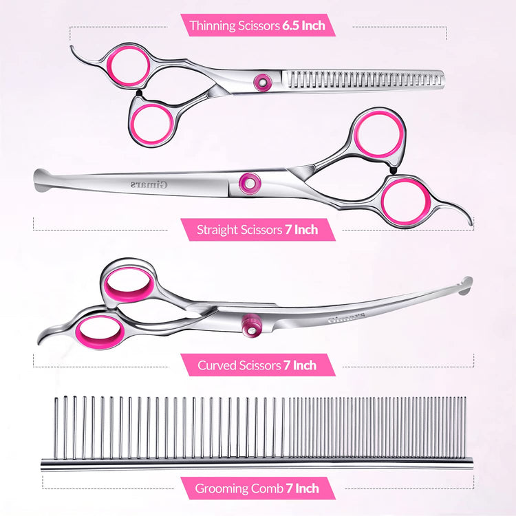 Gimars Titanium Coated Professional 6 in 1 4CR Stainless Steel Dog Grooming Scissors with Safety Round Tip, Heavy Duty Pet Grooming Scissor for Dogs, Cats and Other Animals