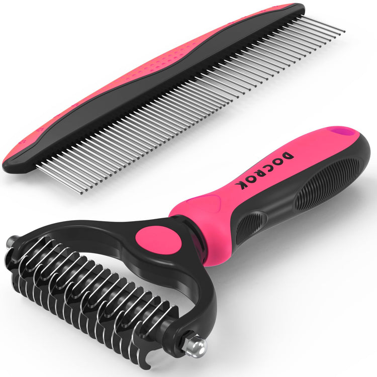 Docrok Pet Grooming Combo - Blue Deshedding Brush with Metal Comb for Detangling and Dematting Long, Matted Fur on Cats and Dogs