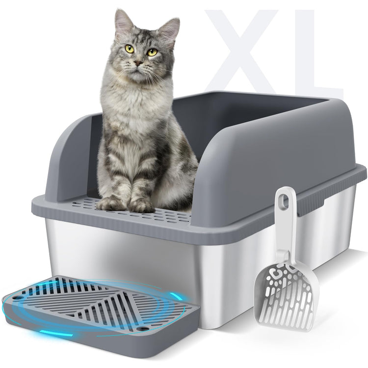 Extra Large Stainless Steel Litter Box with Lid, High Sides Enclosed Cat Litter Box for Big Cats & High Peeing, Anti-Leak & Odor Control Metal Litter Pan, Easy Clean Non-Stick Kitty Litter Box