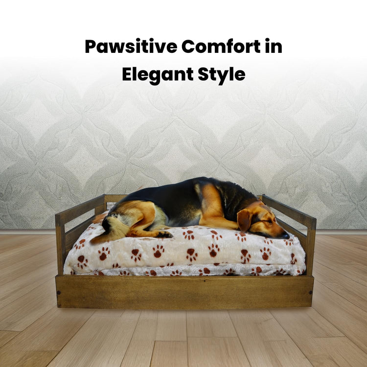 Iconic Pet Sassy Paws Wooden Pet Bed with Paw Printed Comfy Cushion for Dogs & Cats in Varying Sizes & Colors, Small-Rustic Brown