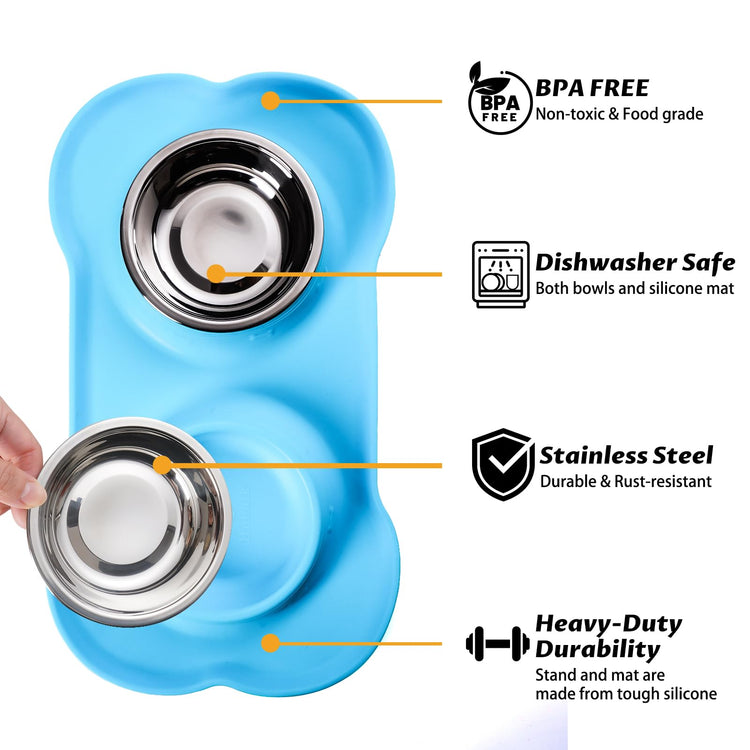 Hubulk Pet Dog Bowls 2 Stainless Steel Dog Bowl with No Spill Non-Skid Silicone Mat + Pet Food Scoop Water and Food Feeder Bowls for Feeding Small Medium Large Dogs Cats Puppies (Small, Blue)