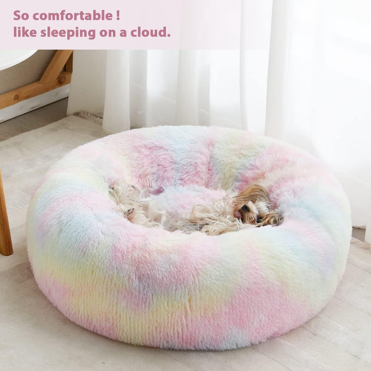 WNPETHOME Calming Dog Bed & Cat Bed, Anti-Anxiety Donut Small Dog Bed, Fluffy Faux Fur Cats Cushion Puppy Bed for Small Pets and Cats (24 x 24 inch, Light Coffee)