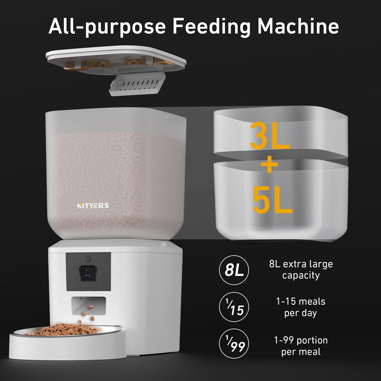 Automatic Dog Feeder - 8L/34 Cups Large Capacity Automatic Cat Food Dispenser with LCD Screen, Large Food Tray, Battery Operated, Timed Cat Feeder, Up to 50 Portions 6 Meals Per Day, Keeps Fresh