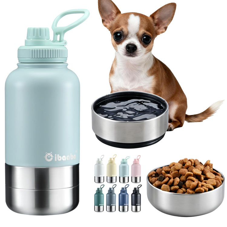 Cibaabo Insulated Dog Water Bottle with 2 Bowls, 32oz Travel Stainless Steel Double Wall Thermos, Portable Pet Dispenser, Gifts for Puppy Small Medium Dogs Walking Hiking and Camping