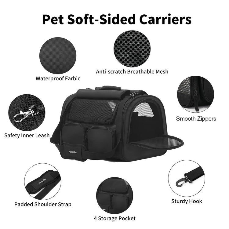 FUKUMARU Cat Carrier, Soft-Sided Small Dog Carrier, Large Cat Travel Bag with 4 Mesh Windows, Under 15 lb Airline Approved Pet Carrier with 4 Storage Pockets, Rollable Cover for Nervous Cats, Grey