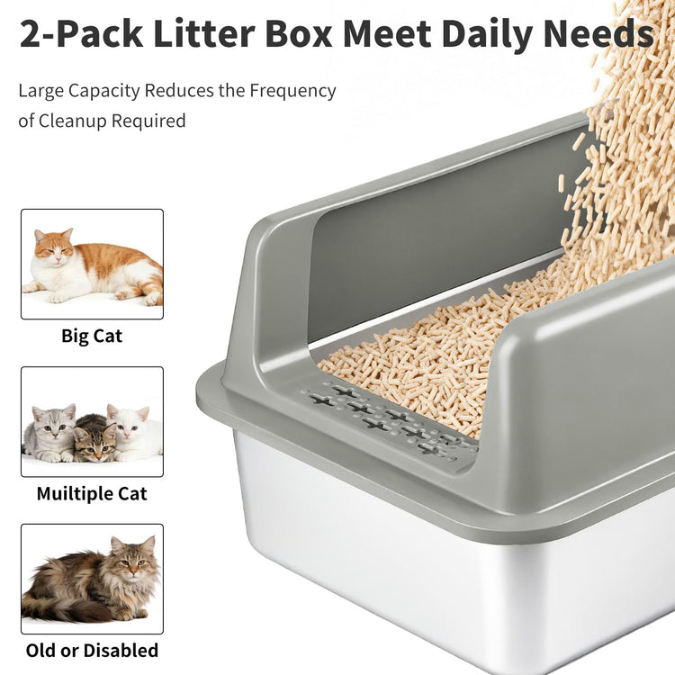 Kirecoo 2 Pack Stainless Steel Litter Box with Lid, Large Enclosed Metal Cat Litter Box Pan High Sided, Easy Clean Anti-Leakage Litterbox Tray for Indoor Big Cats, Kittens or Multicat, Scoop Included