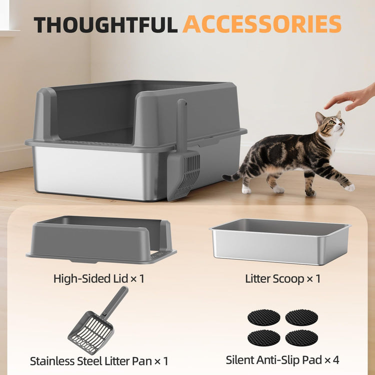 WoofiGo Enclosed Stainless Steel Cat Litter Box with Lid, XL Extra Large Litter Box for Big Cats, Metal Litter Pan High Sided, Never Absorbs Odors, Anti-Urine Leakage, Easy Cleaning, Include Scoop