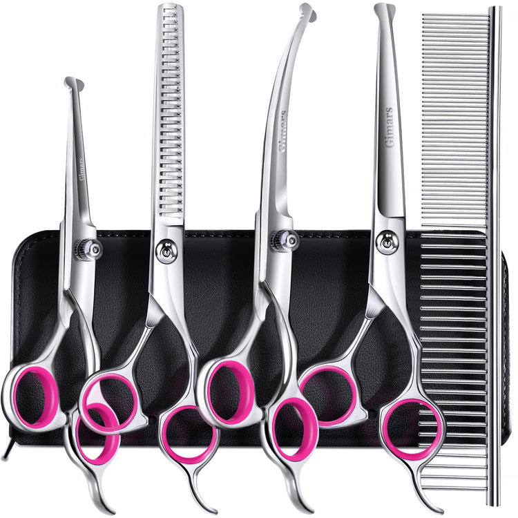 Gimars Titanium Coated Professional 6 in 1 4CR Stainless Steel Dog Grooming Scissors with Safety Round Tip, Heavy Duty Pet Grooming Scissor for Dogs, Cats and Other Animals