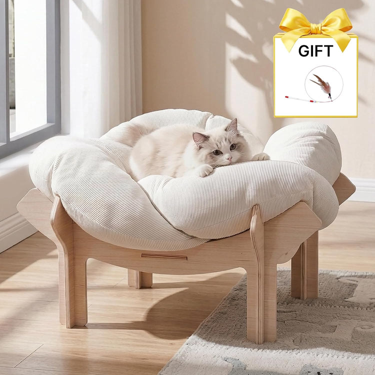 Pet Bed，Large Flower-Shaped Pet Bed for Cats & Small Dogs - Solid Wood Base, Modern Luxury High-Leg Pet Sofa with Removable Mattress, Indoor Lounge, Easy to Assemble, Space-Saving Design