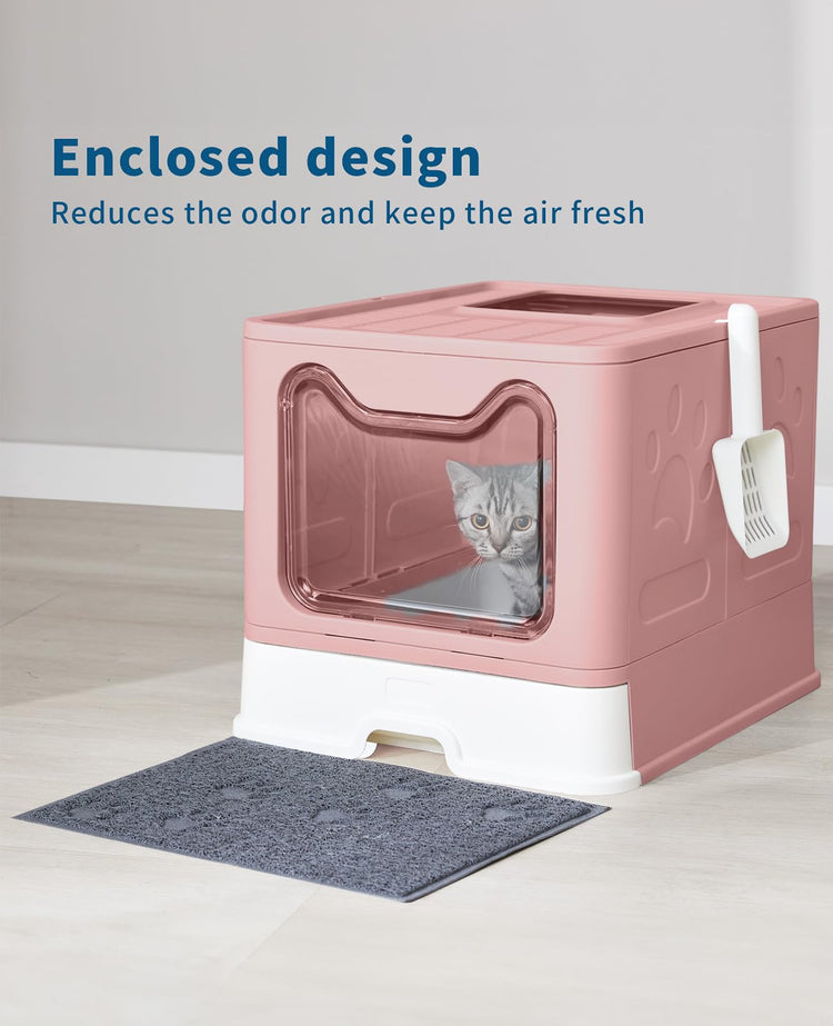 Medario Cat Litter Box with Litter Mat and Scoop, Large Covered Litter Box with Lid, Enclosed Kitty Box, Front Entry Top Exit, Odor Control, Easy to Clean (Grey)