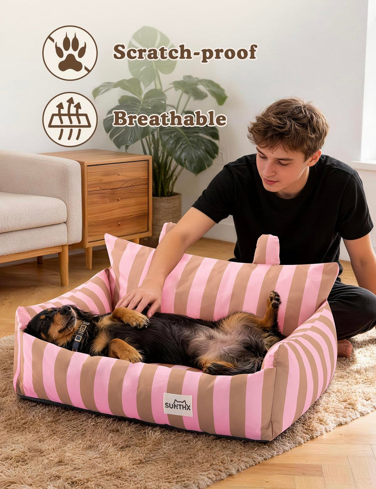 Cat Couch, Reversible Pet Bed for Indoor Cats – 2-Sided Cat Sofa with Oxford Fabric and Plush Fleece, Washable Small Dog Couch for Puppies and Senior Pets, Non-Slip Bottom, 28 inch, Pink Brown