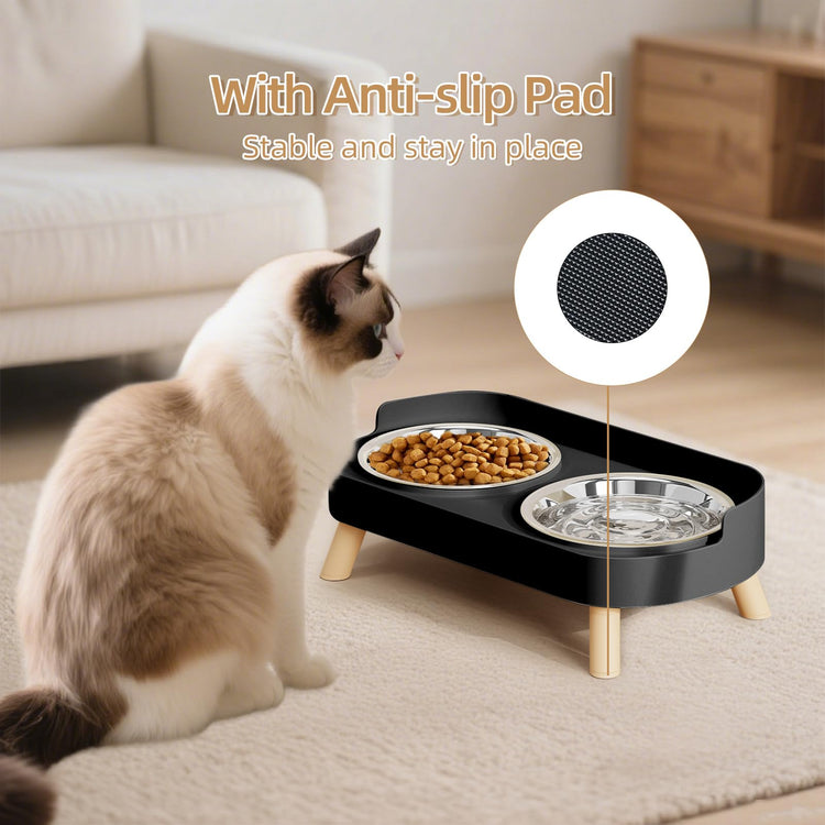 Elevated Cat Bowl, Raised Cat Food and Water Bowl Set for Indoor Cats, Splash Proof with 2 Stainless Steel Pet Food Bowls for Cats and Puppies, Whisker Fatigue and Dishwasher Safe - White