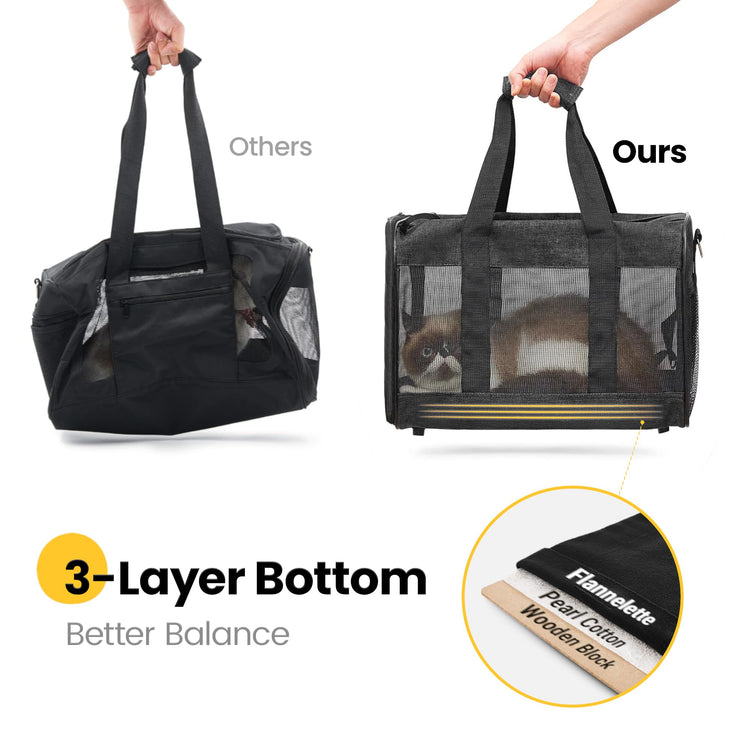 Conlun Cat Carrier Airline Approved, Soft-Sided Dog Carrier with Inner Safety Leash, Pet Transport Carrier for Small-Medium Cats Puppies up to 15 Lbs, Collapsible Travel Kitten Carrier Bag -BlackM