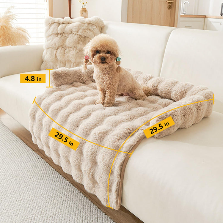 Calming Dog Bed for Couch, 29.5 x 29.5 inch, Non-Slip Luxurious Dog Sofa Mat for Furniture Protector, Perfect for Small, Medium Dogs and Cats (Khaki)