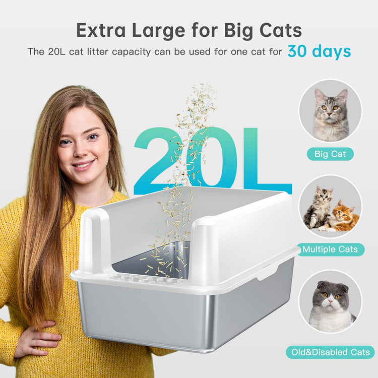 WoofiGo Enclosed Stainless Steel Cat Litter Box with Lid, XL Extra Large Litter Box for Big Cats, Metal Litter Pan High Sided, Never Absorbs Odors, Anti-Urine Leakage, Easy Cleaning, Include Scoop