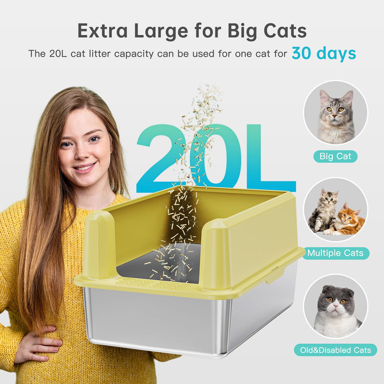 WoofiGo Enclosed Stainless Steel Cat Litter Box with Lid, XL Extra Large Litter Box for Big Cats, Metal Litter Pan High Sided, Never Absorbs Odors, Anti-Urine Leakage, Easy Cleaning, Include Scoop