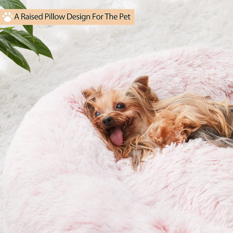 WNPETHOME Calming Dog Bed & Cat Bed, Anti-Anxiety Donut Small Dog Bed, Fluffy Faux Fur Cats Cushion Puppy Bed for Small Pets and Cats (24 x 24 inch, Light Coffee)