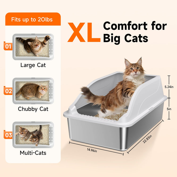 2PACK Stainless Steel Cat Litter Boxes, XL Large Metal Litter Box with High Sides Lid, Odor Free Litter Pan Include Scoop Easy Cleaning Anti-Scratch Kitty Cat Box Anti-Urine Leakage, Non-Sticky