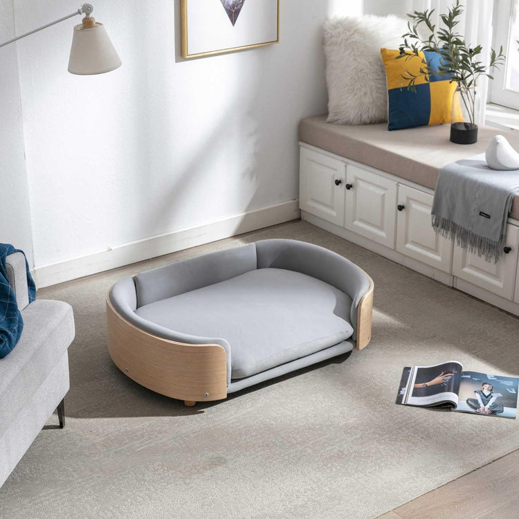 Velvet Dog Bed Pet Sofa with Solid Wood Legs and Bent Wood Back, Stain-Resistant Cushion in Multiple Colors - Luxury Pet Furniture for Cats and Dogs, Dark Grey