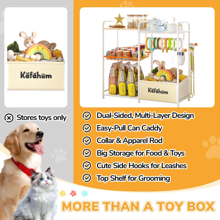 KAFAHOM Dog Toy Basket with Collar Leash Holder Hooks, Large Pet Bin, Dog Toy Box for Living Room Area, Cat Stuff Storage Organizer with Cabinet and Can Dispenser, Great Gifts for Pet Lovers