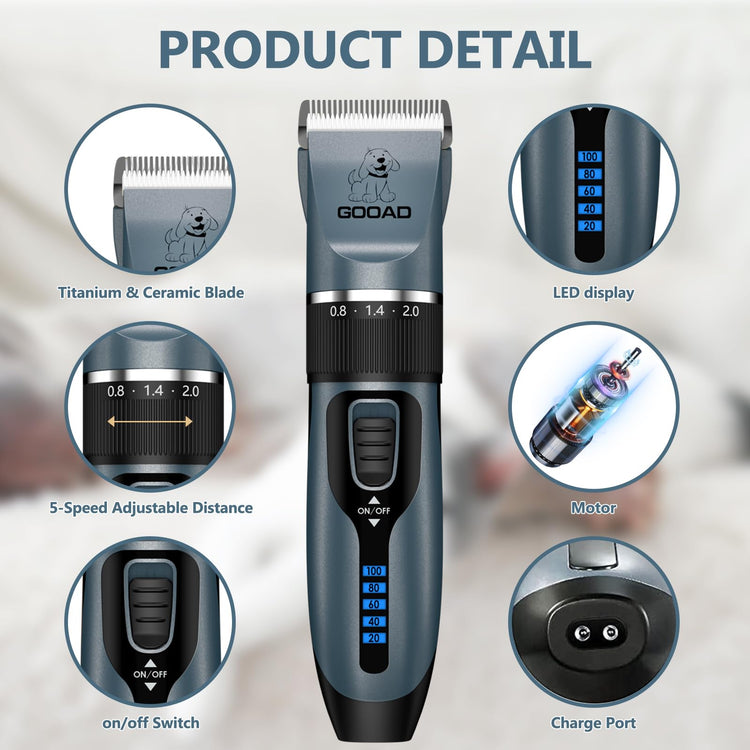 Dog Clippers for Grooming for Heavy Thick Hair&Coats,Low Noise Hair Trimmer,Rechargeable Cordless Pet Shaver, Dog Grooming Kit with Paw Trimmer Nail Grinder for Small Large Dogs