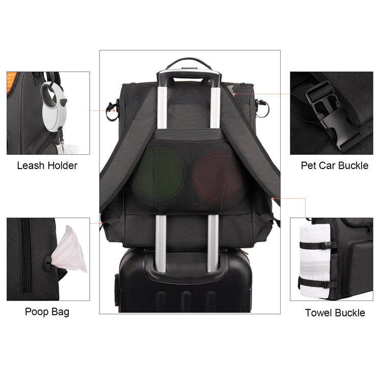 Modoker Dog Travel Bag Backpack, Airline Approved Pet Accessories Organizer for Dog and Cat with Shoulder Strap, 2 Dog Food Storage Containers, 2 Collapsible Dog Bowls,1 Pet Mat, Grey