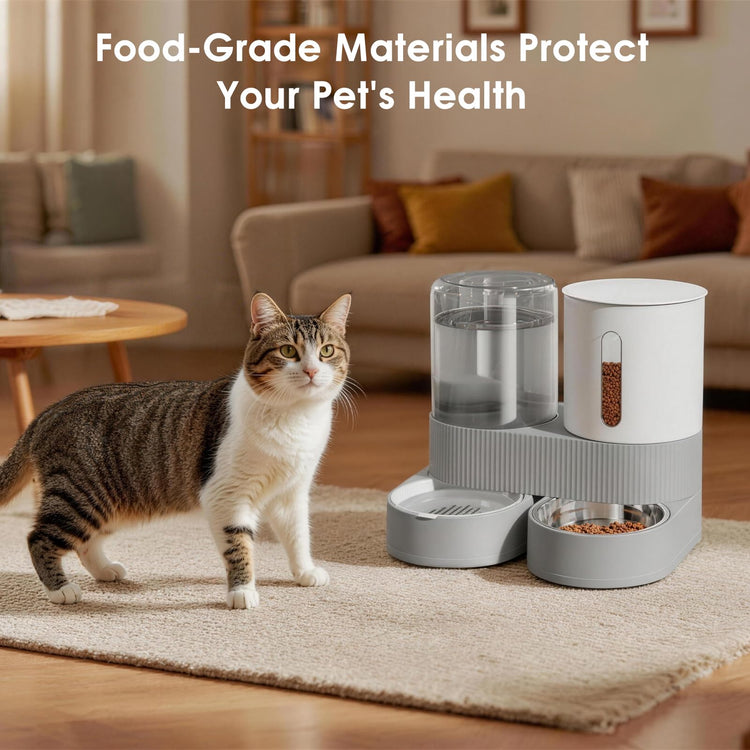 Automatic Gravity Cat Dog Feeder and Water Dispenser with 304 Stainless Steel Bowls 2 in 1 360 Degree Rotatable Auto 2.4L Dry Food and 2.6L Water Bowl for Small Medium Pet Dog Puppy Kitten (Gray)