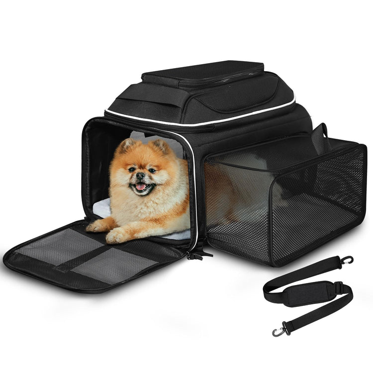 Petskd Top and Side Expandable Pet Carrier 18x11x11 Inches Delta United Airline Approved, Soft-Sided Carrier for Small Cats and Dogs with Locking Safety Zippers and Anti-Scratch Mesh(Black)