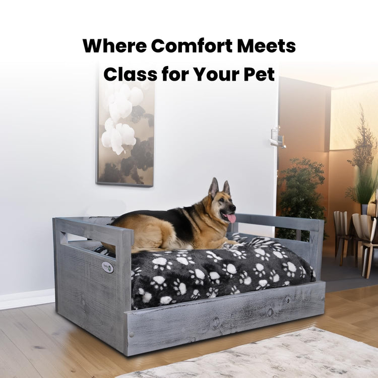Iconic Pet Sassy Paws Wooden Pet Bed with Paw Printed Comfy Cushion for Dogs & Cats in Varying Sizes & Colors, Small-Rustic Brown