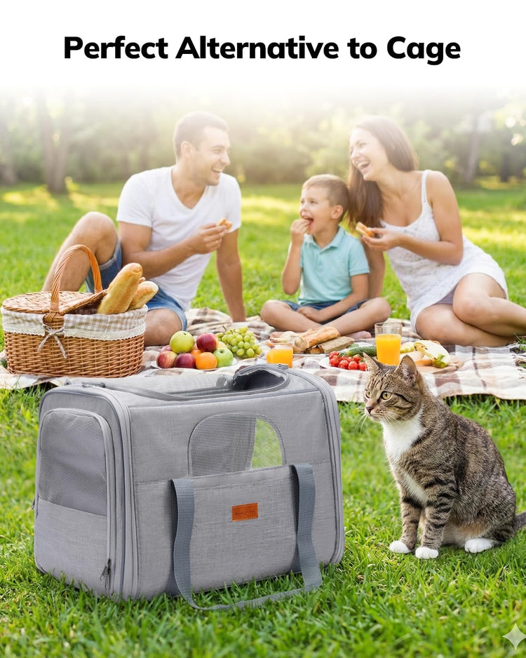Morpilot Pet Carrier for Large Cats, Puppies & Small Dogs Up to 25lbs, Escape-Proof with Locking Zippers, Dual-Sided Cushion, Safety Buckle for Car & Vet Travel, Includes Foldable Bowl (Dark Gray)