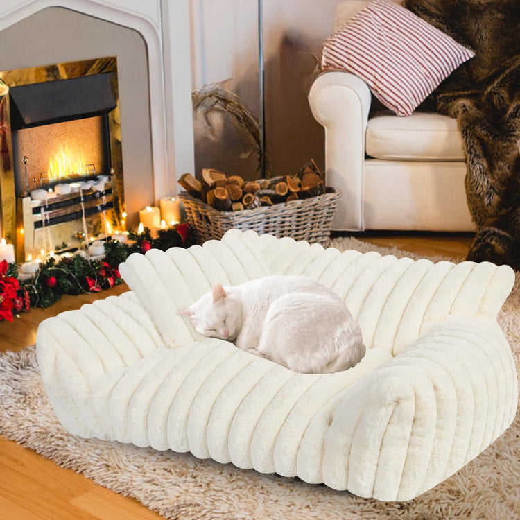 Cute Cat Couch Bed for Indoor Cats, Fluffy Pet Cat Sofa with Premium Soft Corduroy Fleece, Cute Small Dog Beds for Small Dogs, Fuzzy Puppy Chair with Removable Washable Cover (24x18x10,Grey)
