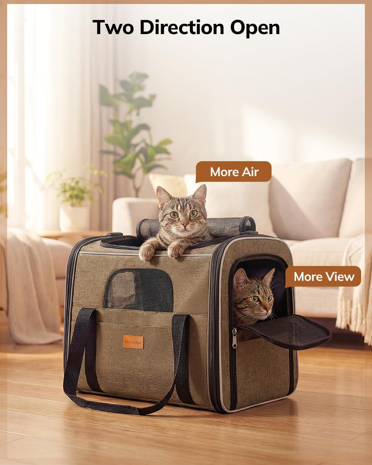 Morpilot Pet Carrier for Large Cats, Puppies & Small Dogs Up to 25lbs, Escape-Proof with Locking Zippers, Dual-Sided Cushion, Safety Buckle for Car & Vet Travel, Includes Foldable Bowl (Dark Gray)