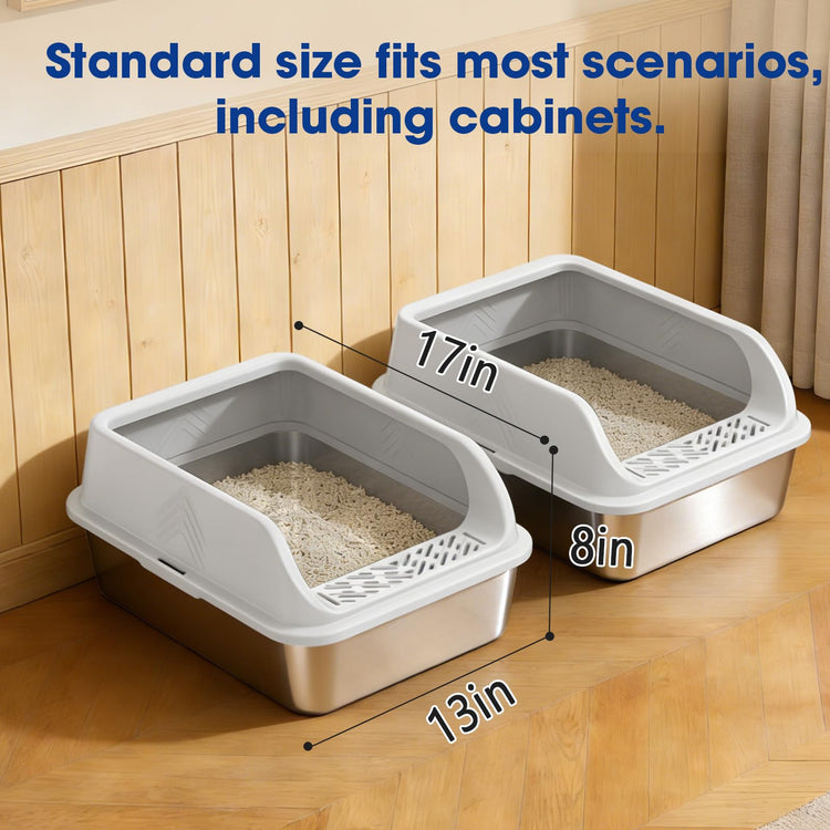 2 Pack XL Stainless Steel Litter Box, Metal Cat Litter Boxes with Lid, High Sided Enclosed Litter Boxes for Big Cat and Multiple Cats, Anti-Urine Leakage | Non-Stick Bottom & Includes Scoop
