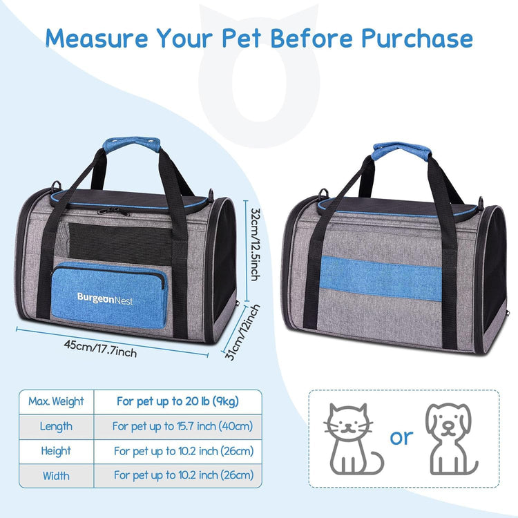 BurgeonNest Cat Carrier for Large Cats 20 lbs, Soft-Sided Pet Carrier for Small Dogs Medium Puppy Under 25 lbs, Puppy Travel Bag with Big Storage Bag, 4 Ventilated Windows, 3 Doors