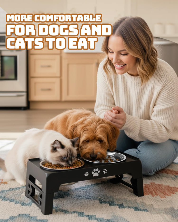 Jovrun Elevated Dog Bowls for Medium Large Size Dogs, Non-Slip Dog Feeder with 1*Stainless Steel Dishes & 1*Slow Feeder Bowl, 5 Heights Adjustable Raised Bowls to 3.15″-8.66″-9.84″-11.02″-12.2″