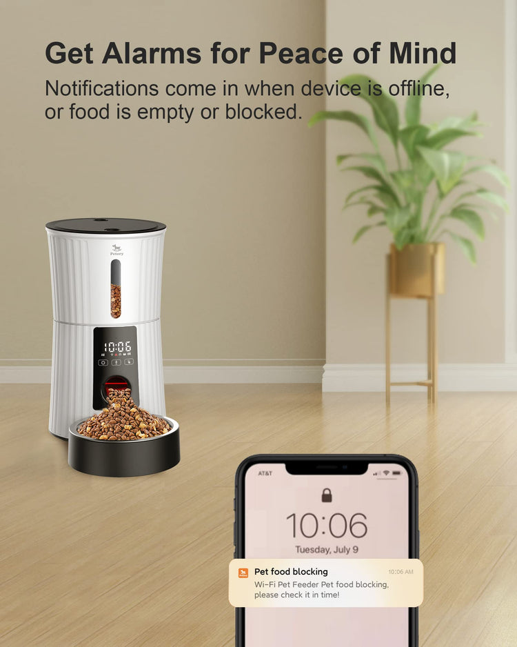 Petory Timed Automatic Cat Feeders - 4L Programable Dry Food Dispenser for Cats and Small Medium Dogs 6 Meals with Desiccant Bag Dual Power Supply 10S Voice Recorder