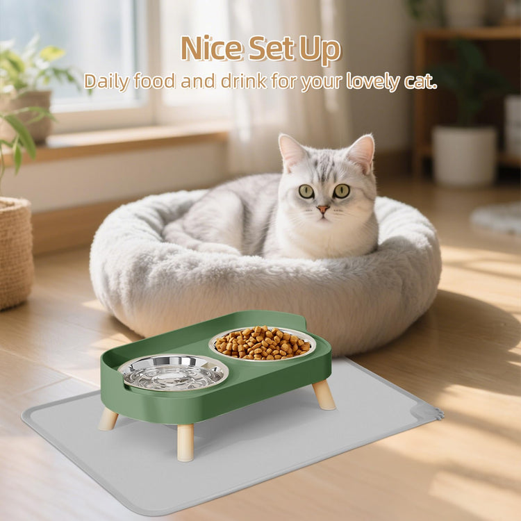 Elevated Cat Bowl, Raised Cat Food and Water Bowl Set for Indoor Cats, Splash Proof with 2 Stainless Steel Pet Food Bowls for Cats and Puppies, Whisker Fatigue and Dishwasher Safe - White