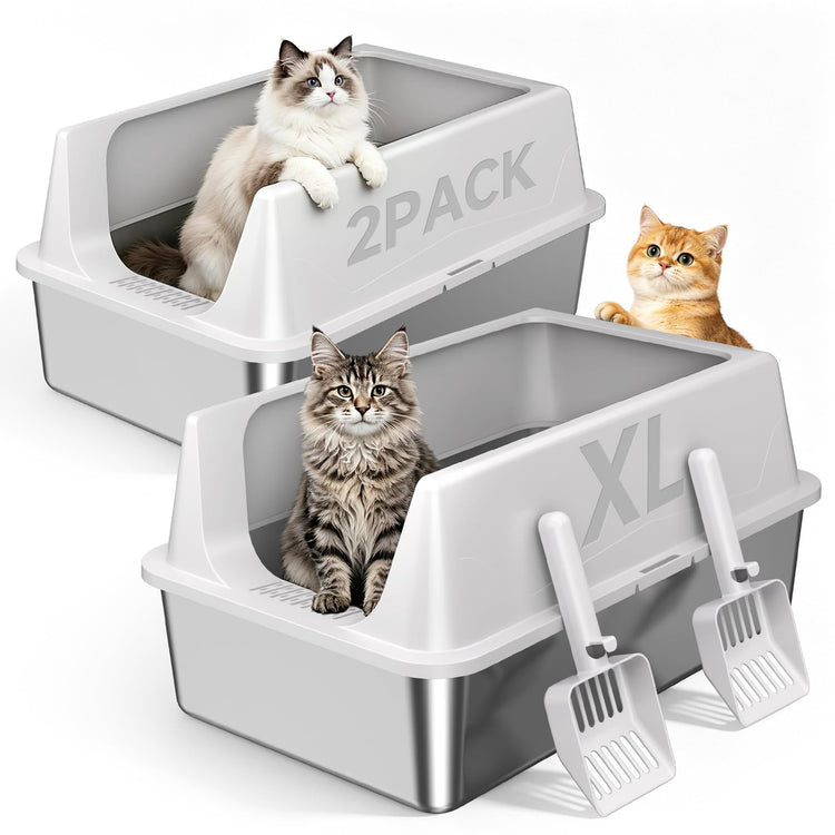2 Pack XL Stainless Steel Litter Box with High Sides Shield for Multi Cat, Extra Large Tall Wall Open Top Deep Metal Pan for Big Cats, Anti-Leak Non-Stick Odor Control, 2 Scoops Included, Gray