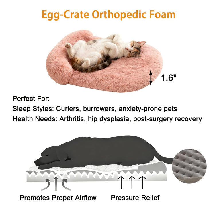 Orthopedic Dog Bed with Egg-Crate Base, Calming Dog & Cat Beds Long Plush with Raised Edges, Spine Friendly Pet Sleeping Mat for Small Medium Dogs, Machine Washable (Oval, Beige 26"x20")
