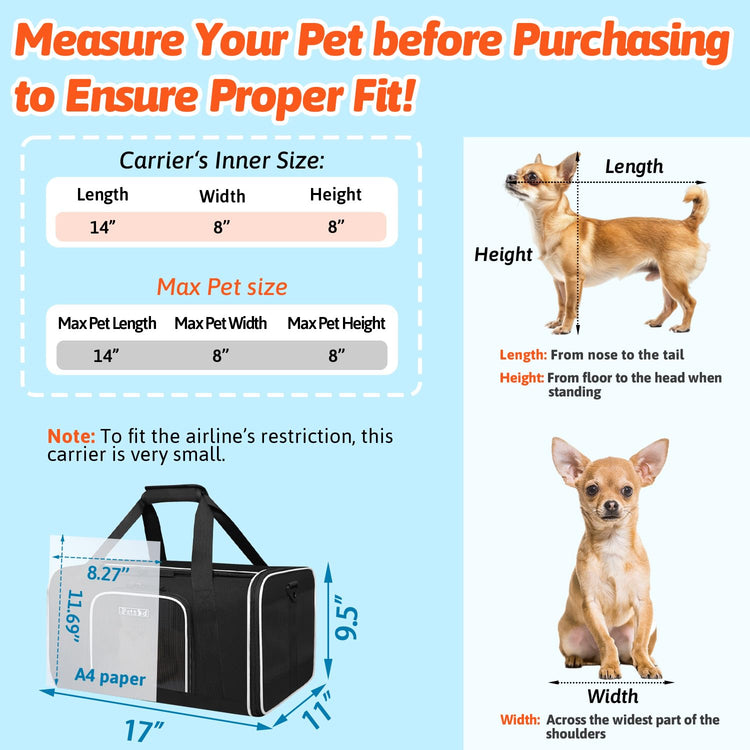 Petskd Pet Carrier 17x11x9.5 Alaska Airline Approved,Pet Travel Carrier Bag for Small Cats and Dogs, Soft Dog Carrier for 1-10 LBS Pets,Dog Cat Carrier with Safety Lock Zipper(Black)