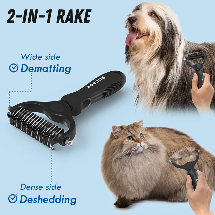 Docrok Pet Grooming Combo - Blue Deshedding Brush with Metal Comb for Detangling and Dematting Long, Matted Fur on Cats and Dogs