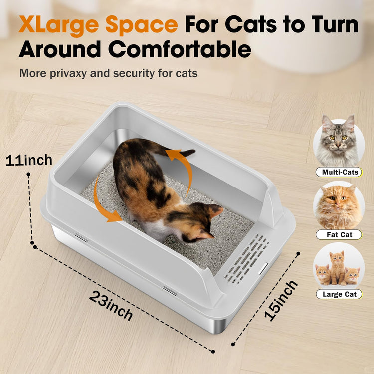 2PACK Stainless Steel Litter Box, Extra Large Litter Boxes for Big Cats, XL Metal Cat Litter Box with Lid High Sides, Anti-Urine Leakage, Non-Sticky, Scoop Included