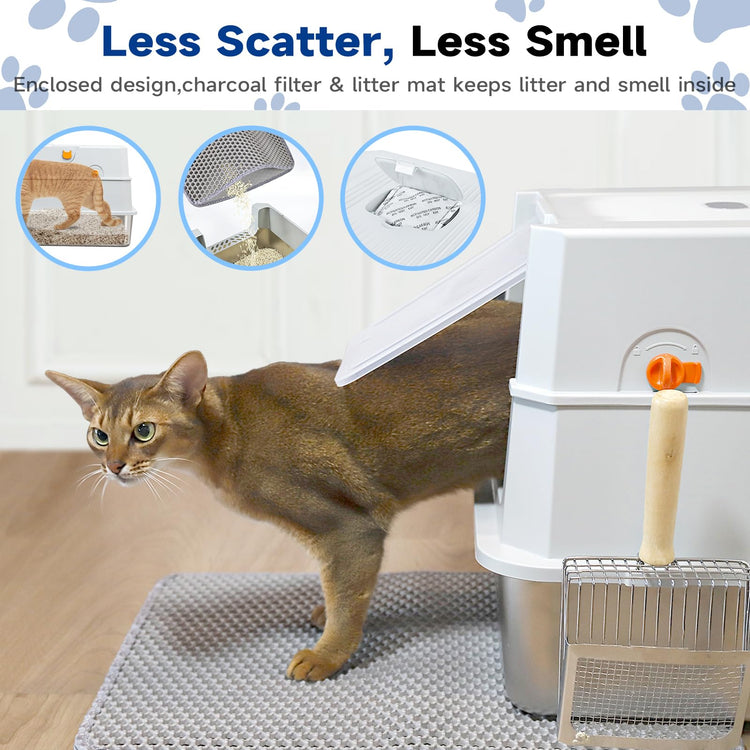 TENTIZON Stainless Steel Cat Litter Box with Lid, Large Covered Enclosed Kitty Litterbox with Hood, Flip Top, High Side, Litter Mat, Scoop for Big Cats, Kitten, No Odor, No Mess, Easy Clean, Grey