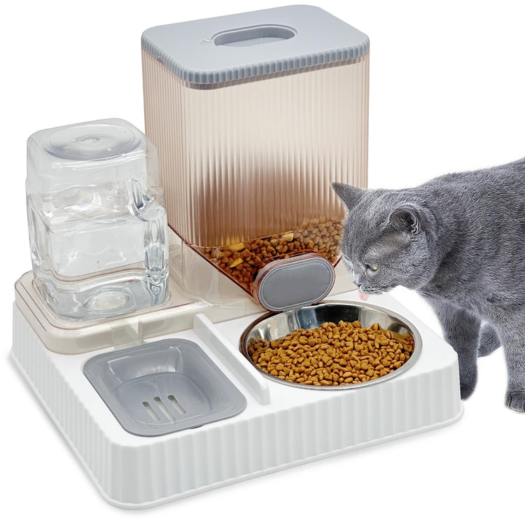 Fhiny Gravity Cat Feeder & Water Dispenser, 2 in 1 Automatic Puppy Waterer Removable Stainless Steel Food Bowls Set Self Feeding Pet Food Storage for Cat Kitten Puppy Easy Clean (White)