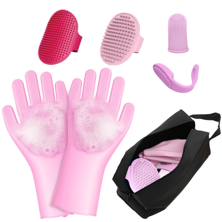 7PCS Pet Grooming Kit for Dogs and Cats，with Storage Bag & Includes Dog Washing Gloveswith High-Density Teeth, Adjustable Handle Dog Shampoo Brush, Dog Finger Toothbrush (Gray)