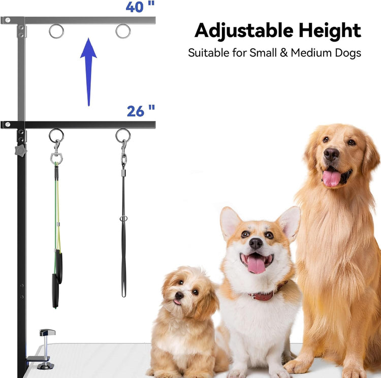 Foldable Dog Grooming Arm with Clamp: Adjustable Height 26"-40", Dog Grooming Table Arm with Hammock and No-Sit Holder, Grooming Restraint for Small Medium Dogs at Home or Salon