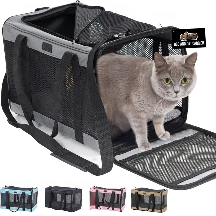 GORILLA GRIP Cat Carrier Travel Bag Up to 15 Lbs, Soft Collapsible Small Dog Carriers, Top and Side Entry Breathable Mesh, Grip Feet on Underside, Cozy Washable Waterproof Pad, Portable Kennel, Black