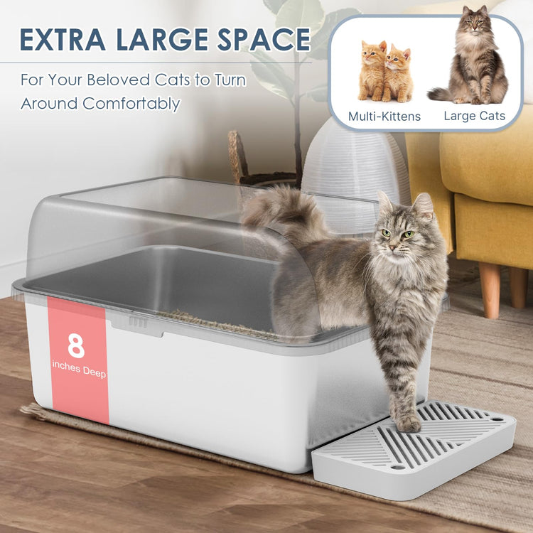 Extra Large Stainless Steel Litter Box with Lid, High Sides Enclosed Cat Litter Box for Big Cats & High Peeing, Anti-Leak & Odor Control Metal Litter Pan, Easy Clean Non-Stick Kitty Litter Box