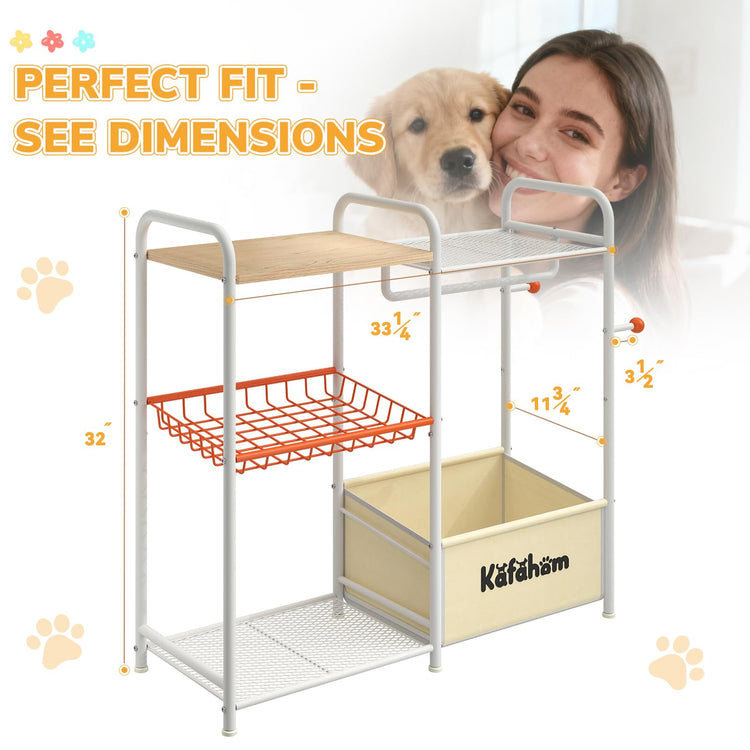 KAFAHOM Dog Toy Basket with Collar Leash Holder Hooks, Large Pet Bin, Dog Toy Box for Living Room Area, Cat Stuff Storage Organizer with Cabinet and Can Dispenser, Great Gifts for Pet Lovers